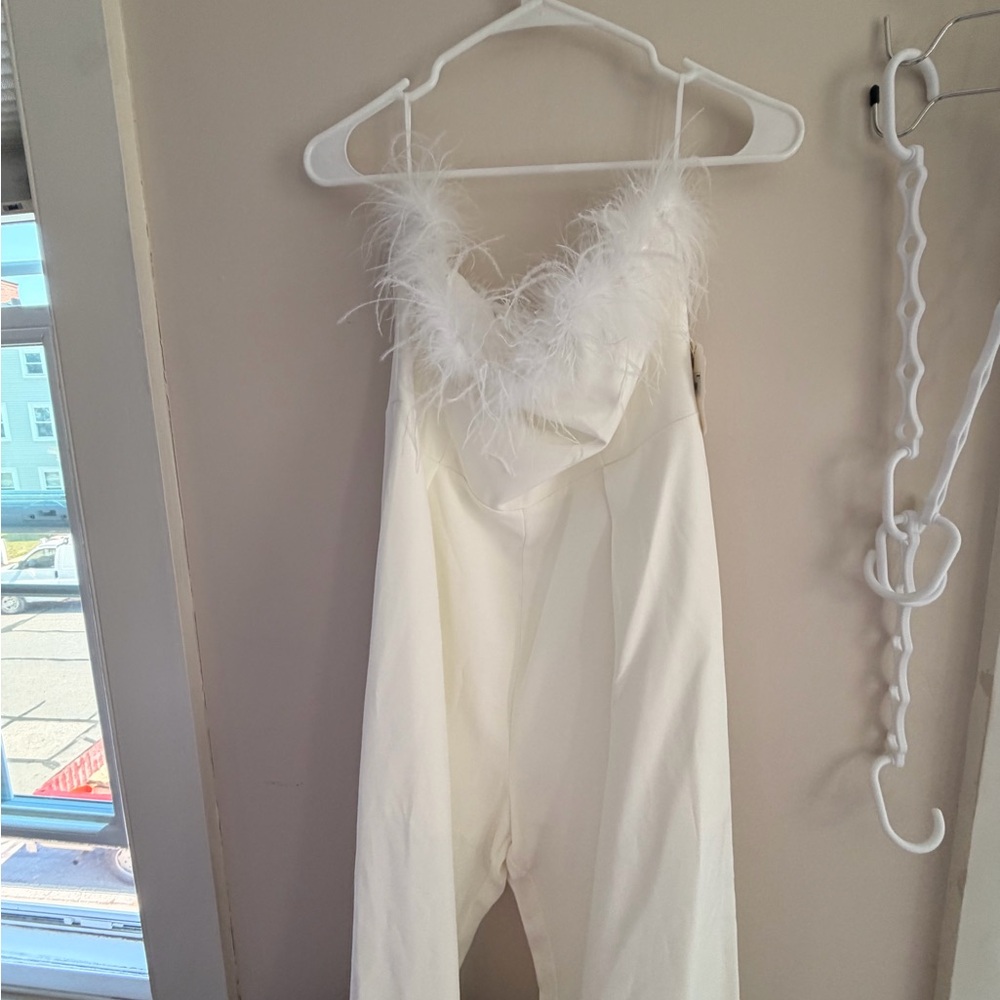 Altar'd State Cream Feather-Trim Jumpsuit